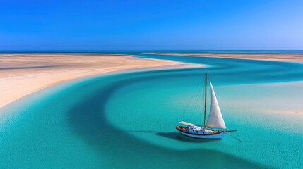 Obraz premium A serene white sailboat anchored in a tranquil turquoise lagoon under bright daylight reflects nature's beauty in delicate textures