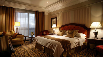 Luxurious hotel room featuring king size bed, elegant decor, and warm lighting. inviting atmosphere is perfect for relaxation and comfort