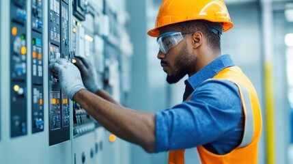 Technician wearing safety hardhat and gloves inspecting and maintaining electrical control panel and wiring in industrial workshop or power plant  Electrical engineering