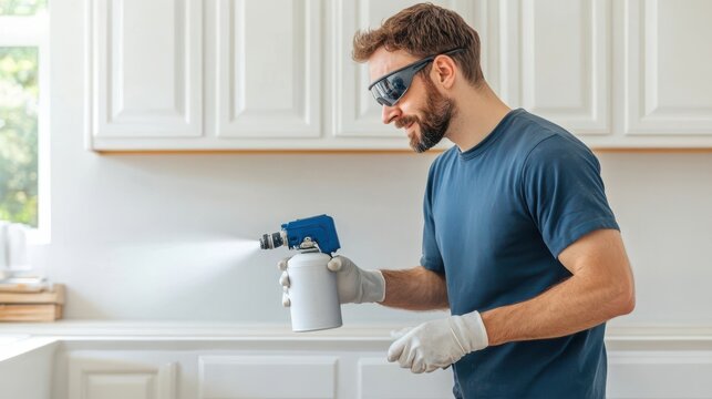 Focused young man wearing rubber gloves and using disinfectant spray bottle to clean and sanitize the surfaces in a bright modern home interior  Thorough housekeeping and hygienic maintenance concept