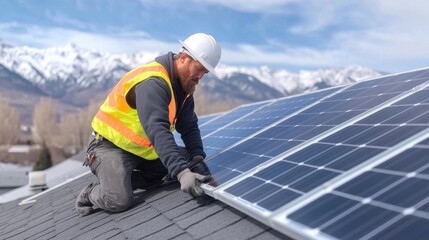 Skilled solar technician in safety gear performing routine maintenance and inspection on a rooftop solar panel system in a scenic mountainous landscape with clear blue skies and clouds