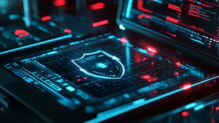 Obraz premium A laptop with a shield symbolizes the protection of digital data. This represents cybersecurity measures like antivirus software, encryption, and data protection to keep information safe online.
