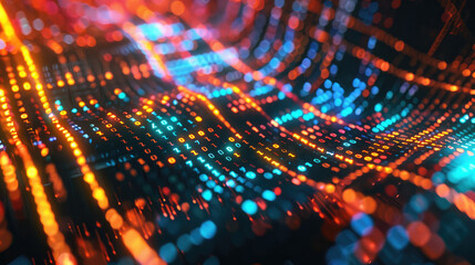 Obraz premium vibrant digital landscape featuring glowing binary code in blue and orange hues, representing data flow and technology. image evokes sense of innovation and connectivity