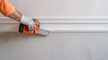 Construction worker with orange uniform holding power saw while working on home repair and renovation project in a residential workspace  Concept of DIY carpentry and home improvement activities