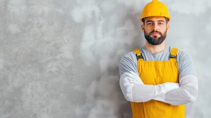Portrait of a confident and experienced construction worker wearing a yellow hard hat and standing with crossed arms on a gray studio background