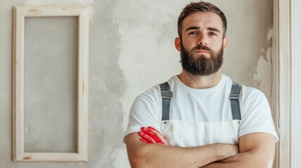 Confident well groomed businessman in casual white shirt and suspenders standing with arms crossed in a minimalist contemporary office interior with a plain white wall in the background