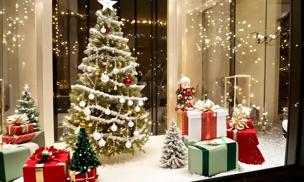 Festive Christmas Window Display with Decorated Tree
