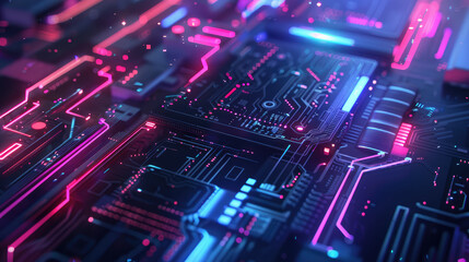 Obraz premium vibrant, abstract representation of circuit board with glowing neon lines and patterns, showcasing technology and innovation. colors blend beautifully, creating futuristic atmosphere