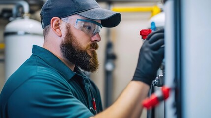 Fototapeta premium Skilled Mechanic Closely Examines Machinery in Workshop to Diagnose and Resolve Technical Issues He is Wearing Protective Glasses and a Baseball Cap While Concentrating on the Task at Hand