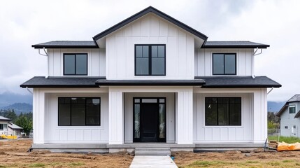 Picturesque modern farmhouse with white siding and gable roof in idyllic countryside setting with lush green lawn trees and majestic mountains in the background