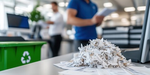 Shredded paper lays on the floor with a recycling bin and a recycling symbol in the background. This image represents recycling and waste management.