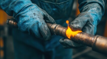 Skilled Blacksmith Shaping Glowing Metal with Hammer and Tongs in Fiery Forge Workshop Creating Handmade Metalwork and Industrial Products