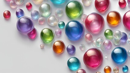 3D transparent colorful bubbles on a gray background look realistic.