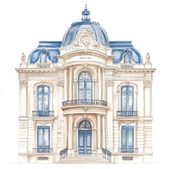 Elegant classical building facade with intricate details, white isolated background.