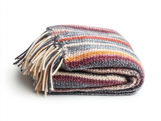 Fototapeta premium Folded colorful wool blanket with fringes, white isolate background.