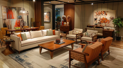 Modern living room interior with stylish furniture, warm colors, and elegant decor. space features comfortable sofa, wooden chairs, and artistic wall art, creating cozy atmosphere