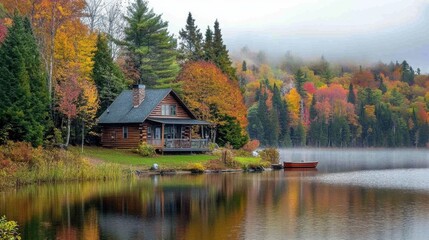 Quiet lake and house forest in autumn rain
