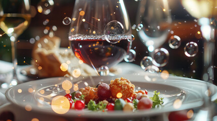 beautifully arranged gourmet dish with vibrant ingredients, accompanied by glass of red wine, creates inviting and festive atmosphere. scene is enhanced by sparkling bubbles and soft lights, evoking