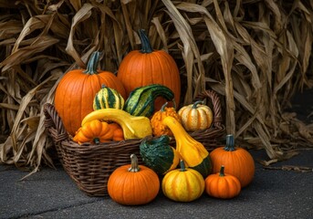 Pumpkins and Gourds in a Basket