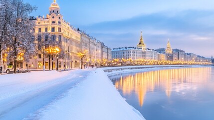 Fototapeta premium Winter evening serenity along the riverbank, where golden lights dance on snow and reflections create a magical atmosphere
