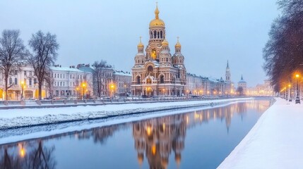 Obraz premium Golden domes reflect in tranquil waters during a serene winter evening in a historic city