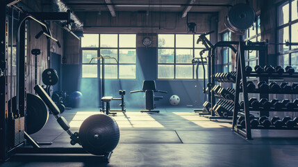 well equipped gym interior featuring various exercise machines, weights, and bright atmosphere. space is designed for fitness enthusiasts