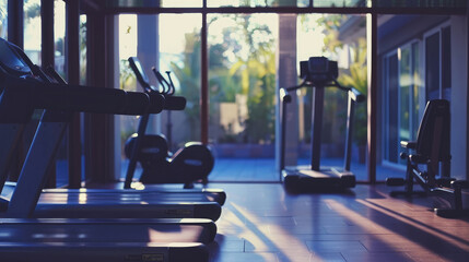 modern gym interior featuring treadmills and exercise equipment, illuminated by natural light. serene atmosphere encourages fitness and well being