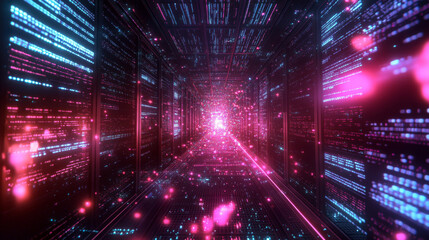 Obraz premium A server rack glows brightly, surrounded by a digital landscape of code and flowing data. This represents the heart of the technology behind artificial intelligence.