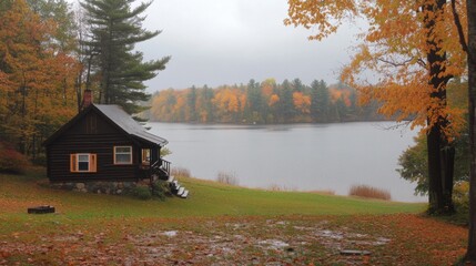 Quiet lake and house forest in autumn rain