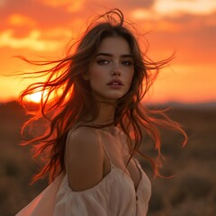 Naklejka premium A beautiful young woman standing against a vibrant sunset