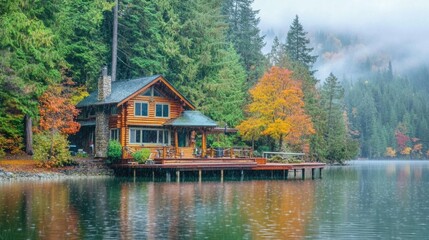 Quiet lake and house forest in autumn rain