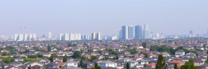 Naklejka premium Modern skyscrapers towering over a suburban neighborhood with private homes, large, buildings