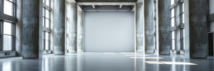 Modern spacious concrete hall with columns, large white windows, empty space for text, 3D rendering, huge, wallpaper