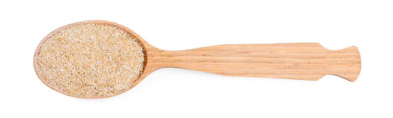 Oat bran in spoon isolated on white, top view