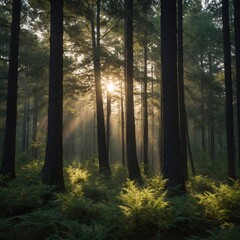 Obraz premium A serene forest at dawn, with soft sunlight filtering through the trees.