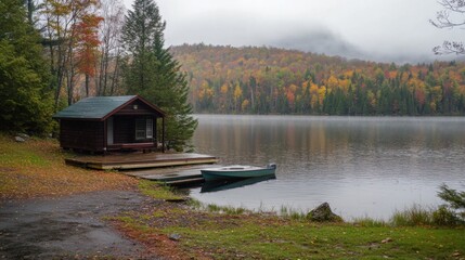 Quiet lake and house forest in autumn rain