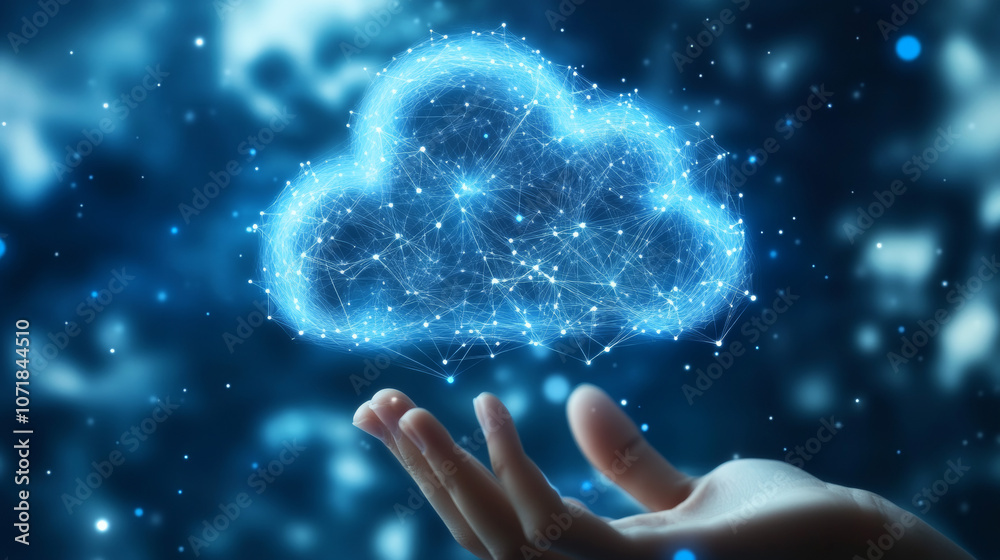 Poster a simple picture showing the idea of cloud computing. it uses abstract shapes to represent how data 