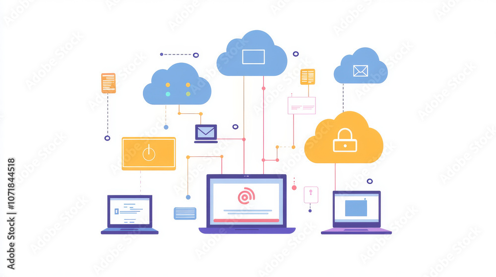 Poster a simple picture showing the idea of cloud computing. it uses abstract shapes to represent how data 