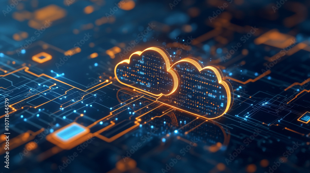 Poster a simple picture showing the idea of cloud computing. it uses abstract shapes to represent how data 