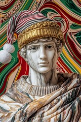 Fototapeta premium Classical Stoic Marble Statue in Festive Santa Hat and Christmas Sweater on Gradient Holiday Background