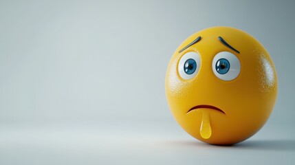 Fototapeta premium Sad emoticon with downturned mouth and tear, isolated on white, conveying sadness