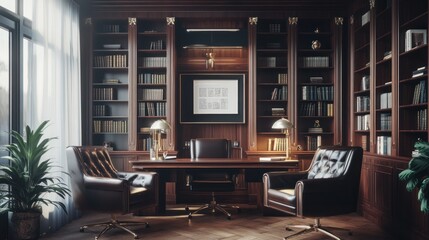 Luxury home office with leather chairs, dark wood furniture, and floor-to-ceiling bookshelves 