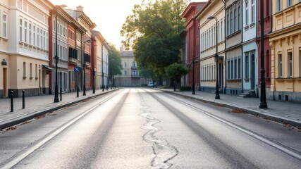 Obraz premium Quiet city street in Vilnius, Lithuania illuminated by the soft morning light, showcasing traditional European architecture and empty roads, empty, traditional