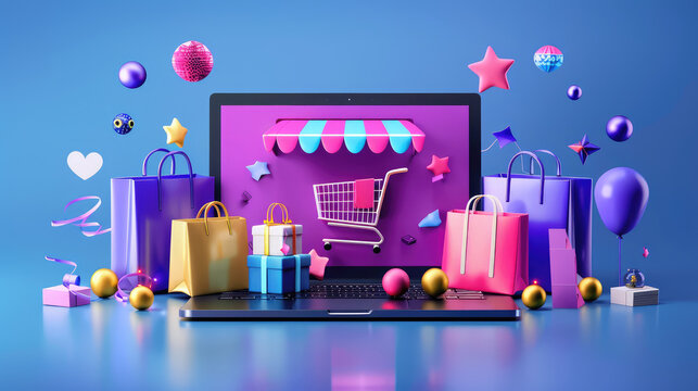 vibrant digital shopping scene featuring laptop with shopping cart, colorful bags, and festive decorations, evoking excitement and joy in online shopping