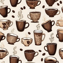 Obraz premium Vintage Coffee Bean and Mug Pattern with Steaming Cups, Rustic Designs, and Cozy Café Vibe