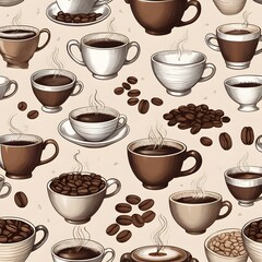 Obraz premium Vintage Coffee Bean and Mug Pattern with Steaming Cups, Rustic Designs, and Cozy Café Vibe