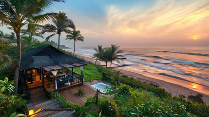 Fototapeta premium serene beachside villa surrounded by palm trees, overlooking ocean at sunset. warm colors of sky reflect on water, creating tranquil atmosphere