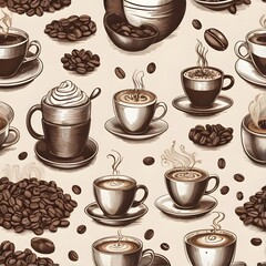Obraz premium Vintage Coffee Bean and Mug Pattern with Steaming Cups, Rustic Designs, and Cozy Café Vibe