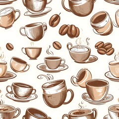 Obraz premium Vintage Coffee Bean and Mug Pattern with Steaming Cups, Rustic Designs, and Cozy Café Vibe