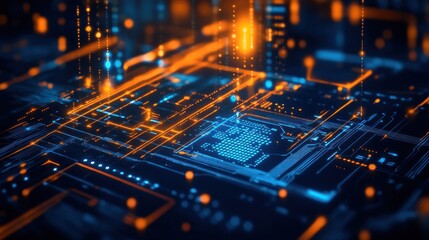 Obraz premium A vibrant digital circuit board with glowing lines and data points, symbolizing technology.